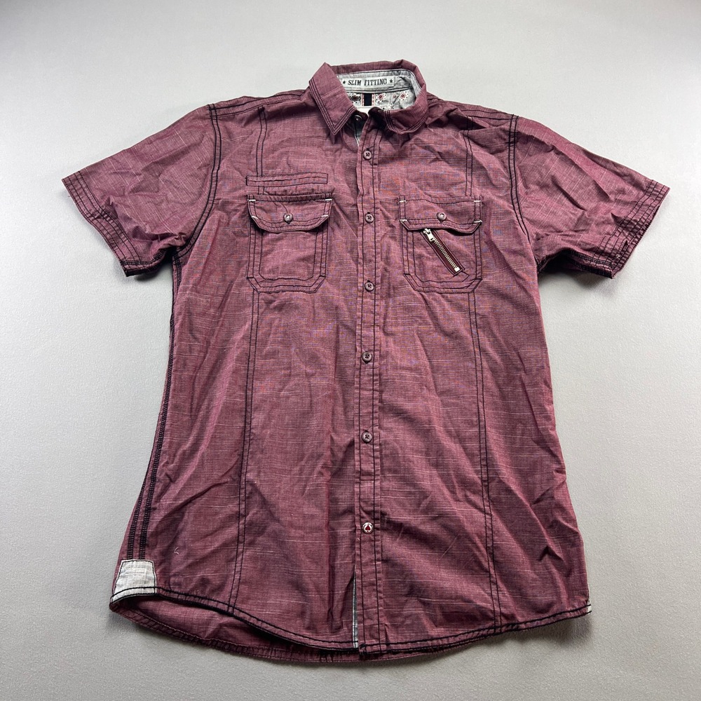 Drill Clothing Co Shirt Mens M Burgundy Cotton Slim Fit Short Sleeve Button Up